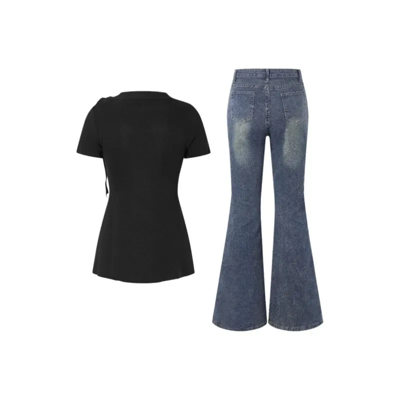 7 SEVFUN Casual Suits Women's Black Top+Blue Jeans-1