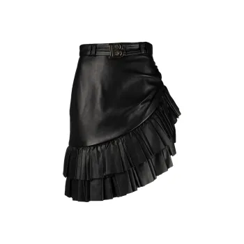 BALMAIN Short Asymmetric Ruffled Leather Skirt