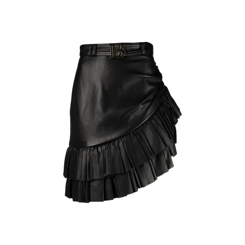 BALMAIN Short Asymmetric Ruffled Leather Skirt-0