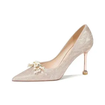 Crelinkxlat Fashion Elegance Pointed Toe Niche Premium Feel Slim Heel High Heels Women's Champagne