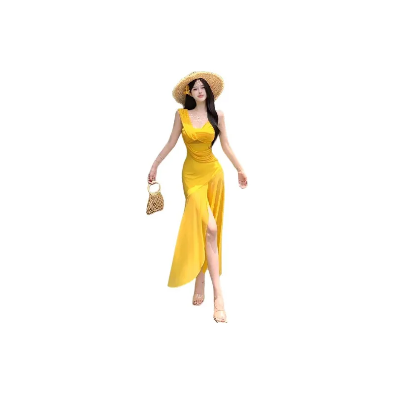 SNZX Slip Dresses Women's Yellow-0