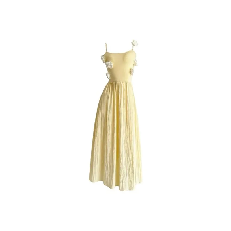 TIBINB Slip Dresses Women's Cream Yellow-0