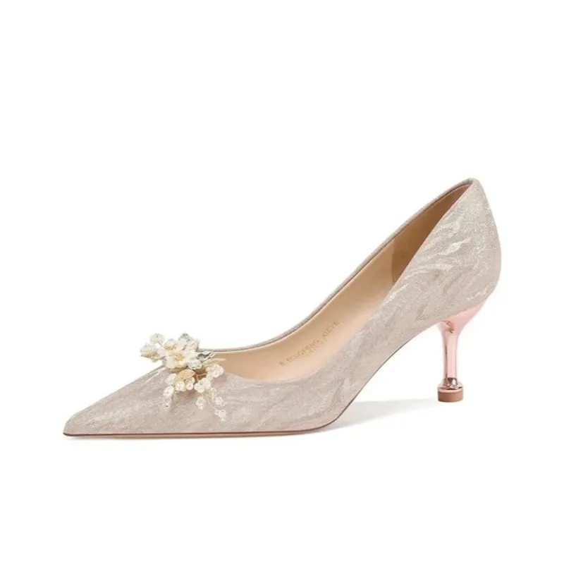 Crelinkxlat Fashion Elegance Pointed Toe Niche Premium Feel Slim Heel High Heels Women's Champagne-3