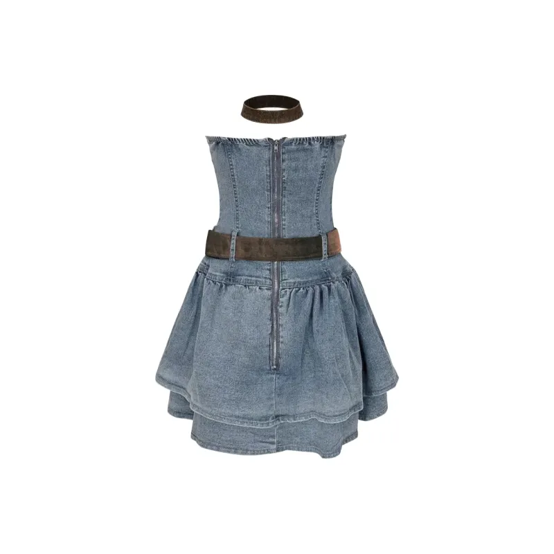 OZVO Sleeveless Dresses Women's Denim Dress With Belt/Scarf-1