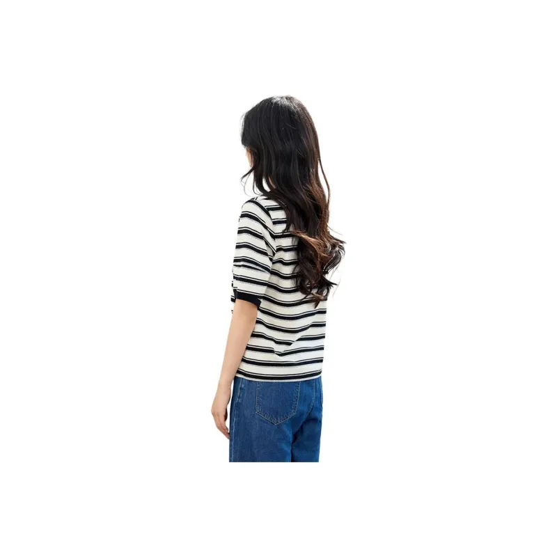 La Chapelle T Shirts Women's Black White Stripes-4