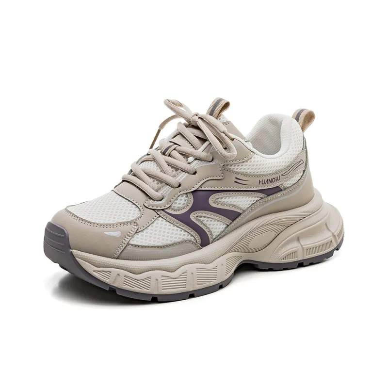 HUANQIU Cushioning, Abrasion Resistant, Height Increasing Low Top Chunky Sneakers Women's Beige Purple-1