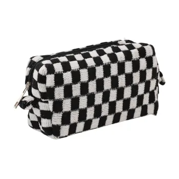 QEEDNS Ins Checkerboard Knitted Bag Color Block Yarns Plaid Large Capacity Makeup Bags