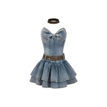 OZVO Sleeveless Dresses Women's Denim Dress With Belt/Scarf