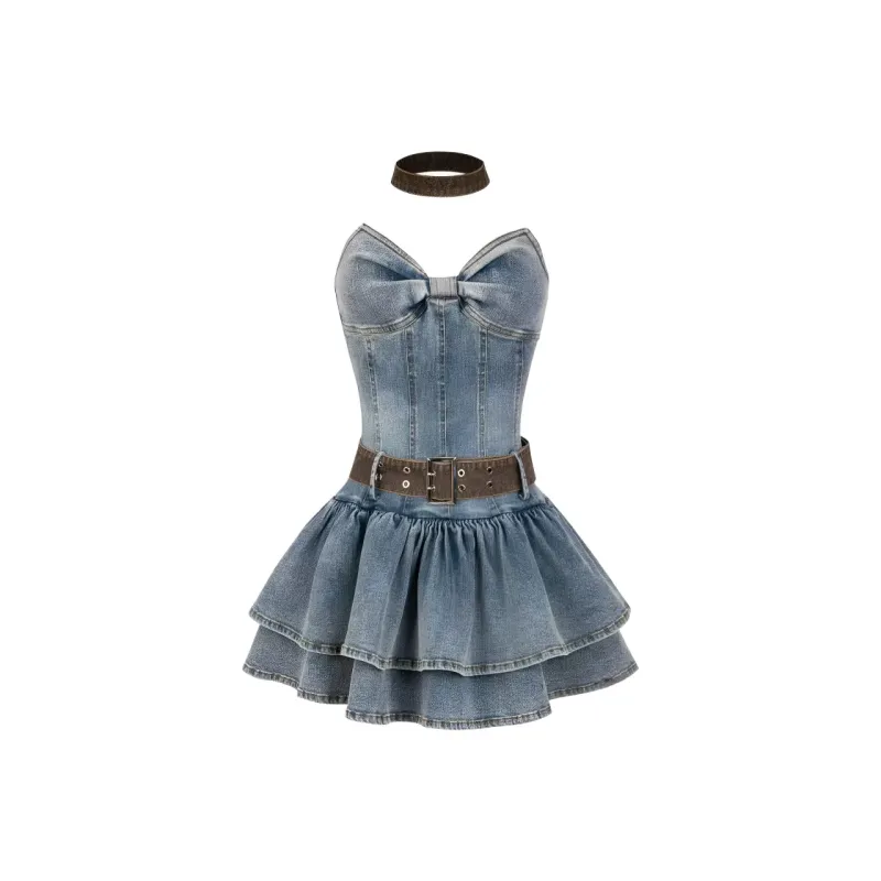 OZVO Sleeveless Dresses Women's Denim Dress With Belt/Scarf-0