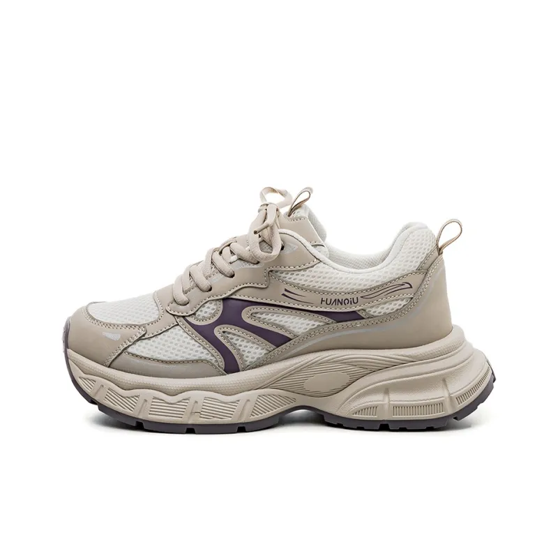 HUANQIU Cushioning, Abrasion Resistant, Height Increasing Low Top Chunky Sneakers Women's Beige Purple-0