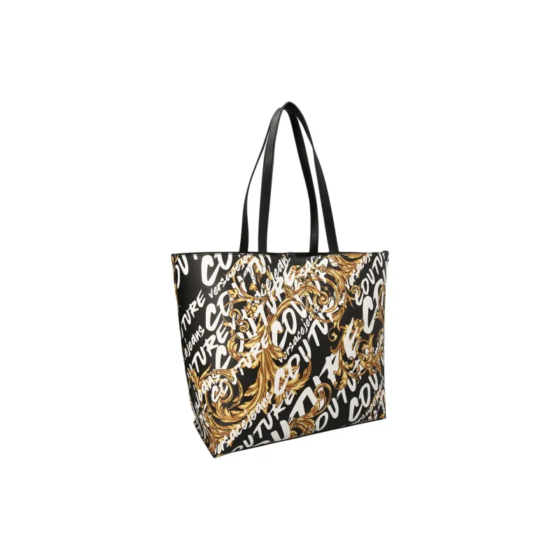 VERSACE JEANS COUTURE Polyester Tote Bag, Shopping Bag, Handbag, Shoulder Bag Women's Black & White & Gold-4