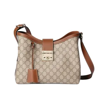 GUCCI Padlock Fabric Shoulder Bag Medium Size Women's Beige & Dark Brown