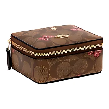 COACH Jewelry Bo Iconic Coated Canvas With Smooth Leather Jewelry Box Pearl Box Storage Box Mini Women's Khaki & Pink
