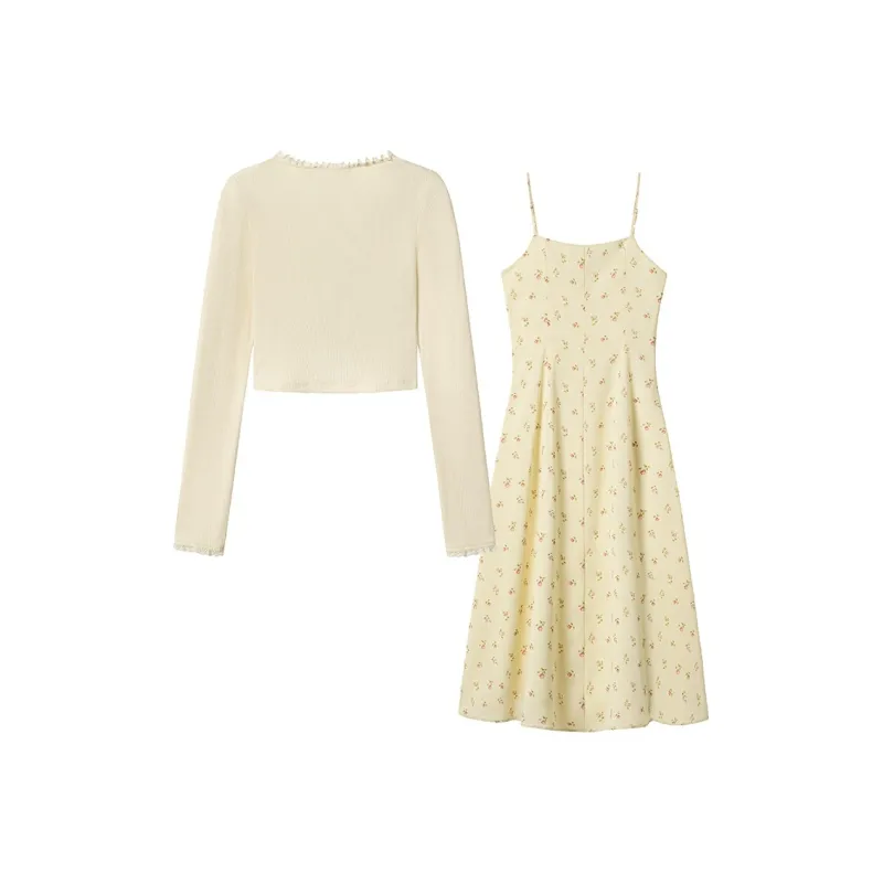 EFCR Two Piece Skirt Sets Women's Custard Cardigan+Camisole Dress Set-1