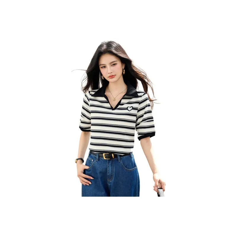 La Chapelle T Shirts Women's Black White Stripes-0