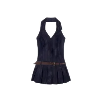 OZVO Sleeveless Dresses Women's Navy Blue+Belt