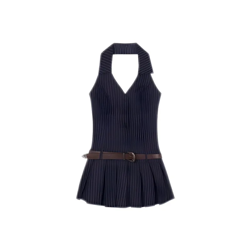 OZVO Sleeveless Dresses Women's Navy Blue+Belt-0