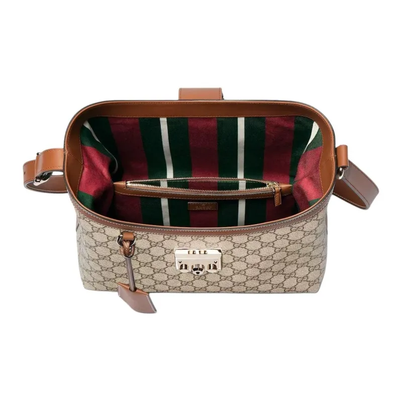 GUCCI Padlock Fabric Shoulder Bag Medium Size Women's Beige & Dark Brown-4
