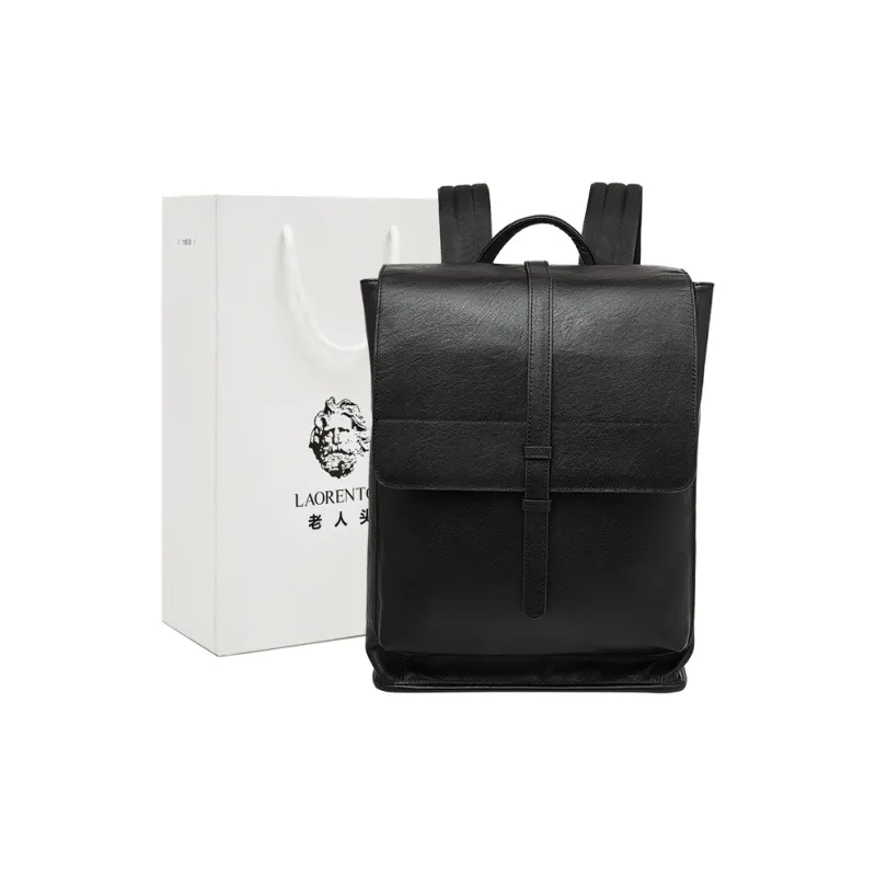 Old Man's Head Top Grain Cow Leather Backpack Men's Black-0