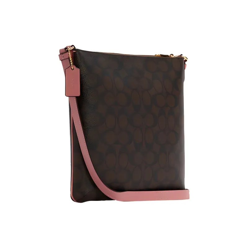 COACH Rowan PVC Document Bag Crossbody Bag Medium Size Women's Brown & Pastel Pink Shoulder Strap-1