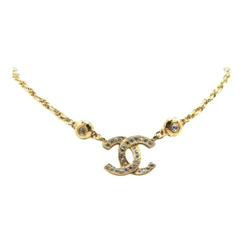 CHANEL 1970 1980 Plated Cc Rhinestone Pendant Necklace Costume Necklace