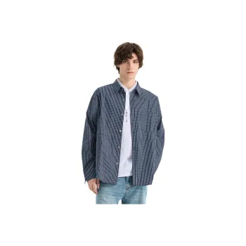 WILD LEADER Shirts Men Navy Blue Plaid[CW51585A17]