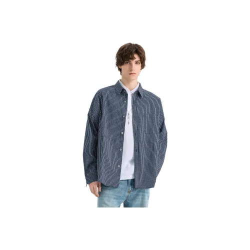 WILD LEADER Shirts Men Navy Blue Plaid[CW51585A17]