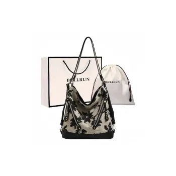Bullrun Microfiber Synthetic Leather Shoulder Bag Women's Black Base With Leaf