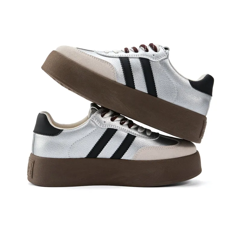 La Chapelle Anti Slip Wear Resistant Low Top Skateboard Shoes Women's Beige Gray Silver-4