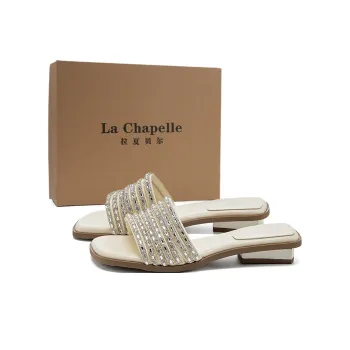 La Chapelle Rhinestone Abrasion Resistant Slide Slippers Women's Beige