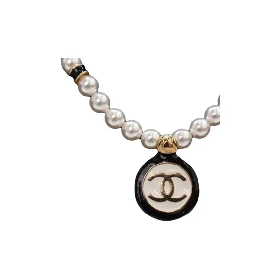 CHANEL 20th Century Plated Faux Pearl Cc Pendant Necklace Costume Necklace-1