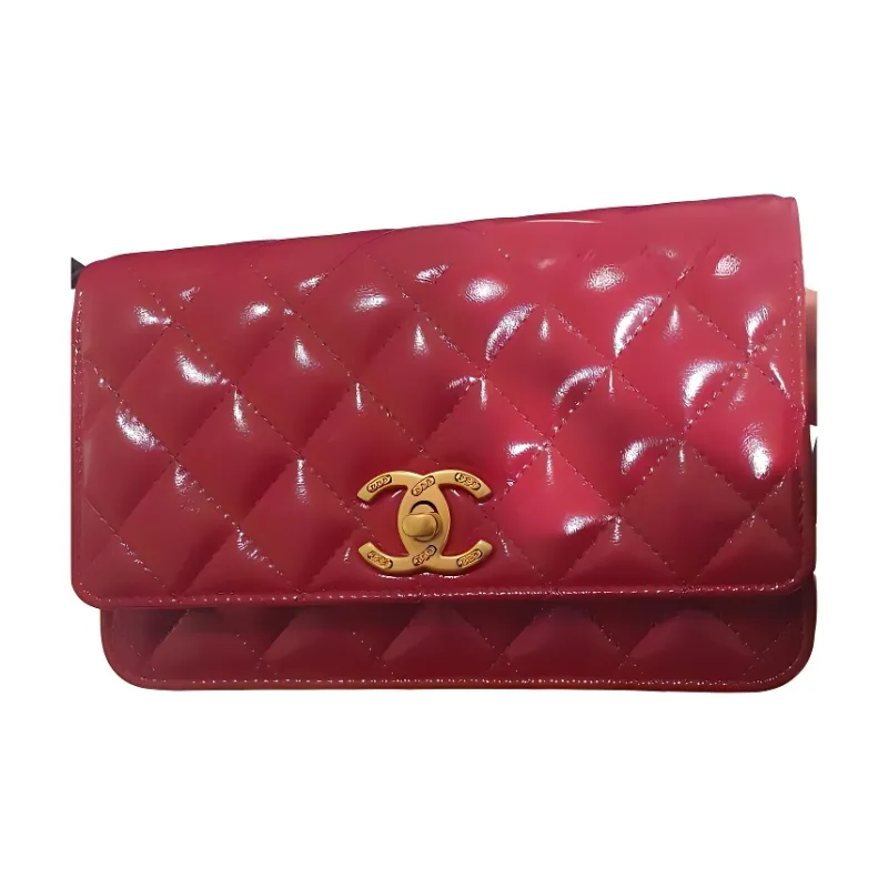 CHANEL Shiny Leather Shoulder Bag, Crossbody Bag Women's Red-0