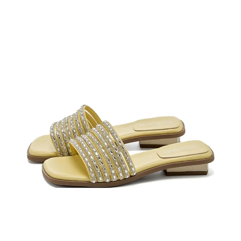 La Chapelle Rhinestone Abrasion Resistant Slide Slippers Women's Yellow-2
