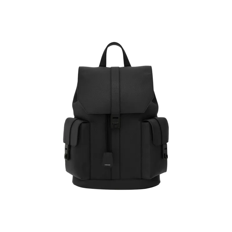 FERRAGAMO GANCINI Hammered Texture Calfskin Backpack Men's Black-0