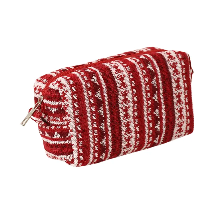 QEEDNS Knitted Fabric Christmas Red Large Capacity Makeup Bags-6