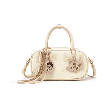 Teenie Weenie PU Bowling Bag, Crossbody, One Shoulder, Handbag Women's Cream Yellow/Cherry Blossom Pink