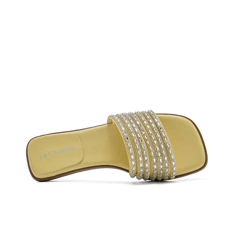 La Chapelle Rhinestone Abrasion Resistant Slide Slippers Women's Yellow-3