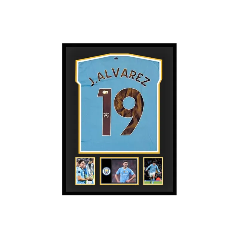 Three For Manchester City Team Jersey Exquisite Mounting, Outer Frame Approx. 65x85cm-0