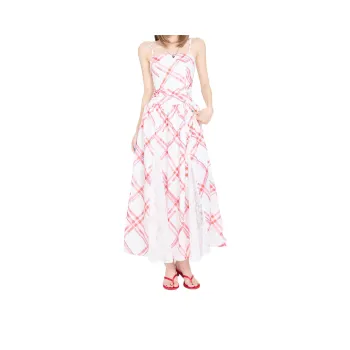 Kazakhstan Slip Dresses Women's Cherry Red Plaid Long Skirt