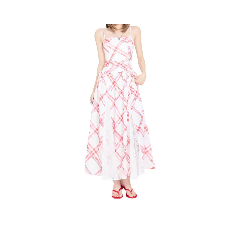 Kazakhstan Slip Dresses Women's Cherry Red Plaid Long Skirt-0