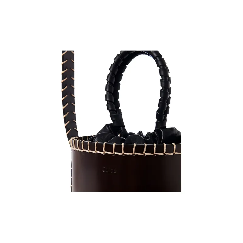 Chloe LOUELA Vegetable Tanned Leather Bucket Bag, Shoulder Bag, Crossbody Bag, Handbag Mini Women's Black-3