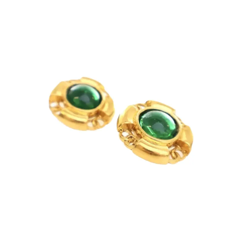 CHANEL 1993 Gold Plated Gripoix Round Clip On Earrings Costume Earrings-0