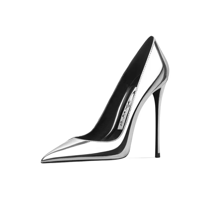 Ganxiaojie Slim Heel High Heels Women's Mirror Finish Silver-1