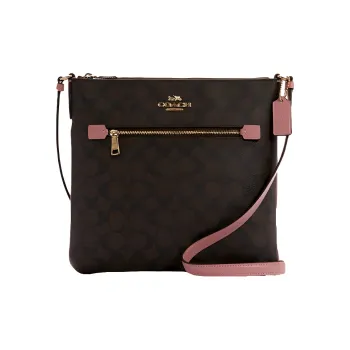 COACH Rowan PVC Document Bag Crossbody Bag Medium Size Women's Brown & Pastel Pink Shoulder Strap