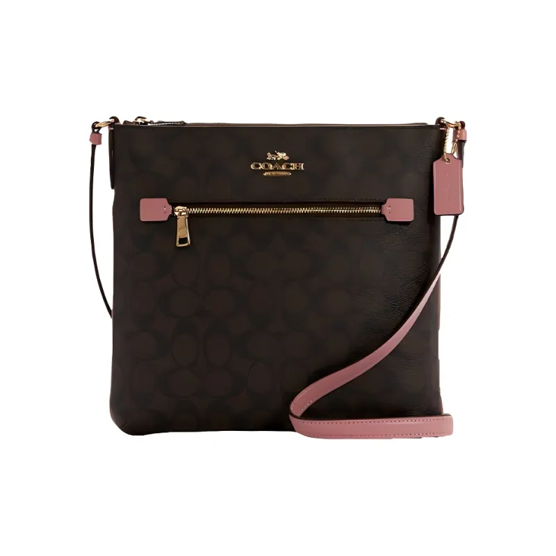 COACH Rowan PVC Document Bag Crossbody Bag Medium Size Women's Brown & Pastel Pink Shoulder Strap-0
