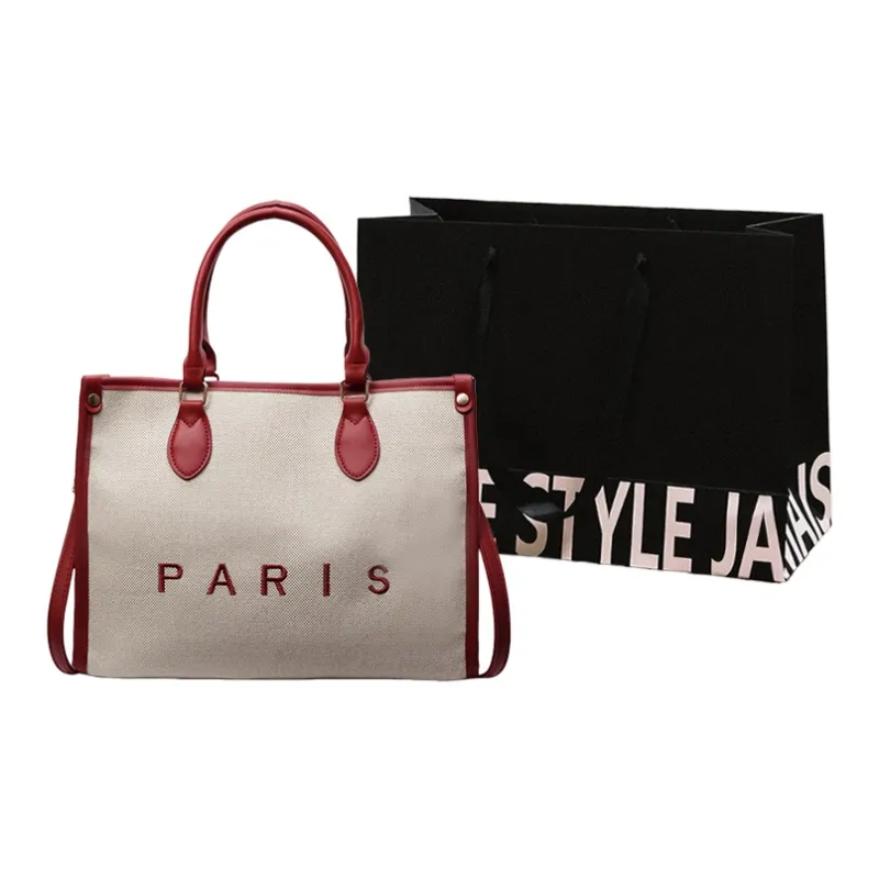 Cwatcun Fabric Tote One Shoulder Handbag Women's Black/Burgundy/Brown-4