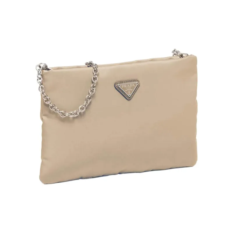 PRADA Textile Cow Leather Shoulder Bag Crossbody Bag Chain Clutch Women's Khaki-1