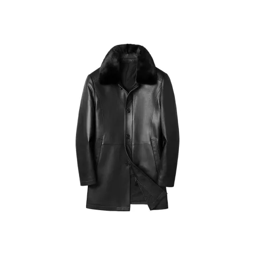 JIMU Haining Genuine Leather Jacket Men's Mid Length Mink Lapel Mid Age Goatskin Detachable Liner Coat Men's