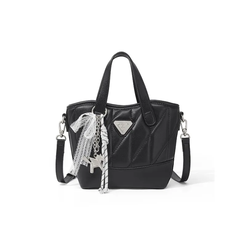 CinvaiKrose Synthetic Leather Basket Bag, Handbag, Shoulder Bag, Crossbody Bag, Bucket Bag Trumpets Women's Ecru/Black-5