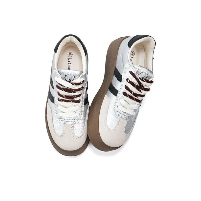 La Chapelle Anti Slip Wear Resistant Low Top Skateboard Shoes Women's Beige Gray Silver-2